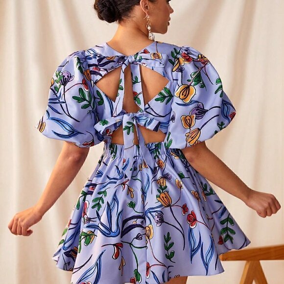 Purple Boho Womens Foral Prints Front Twisted Wrap Cut Out Back Detail Dress - Picture 5 of 8